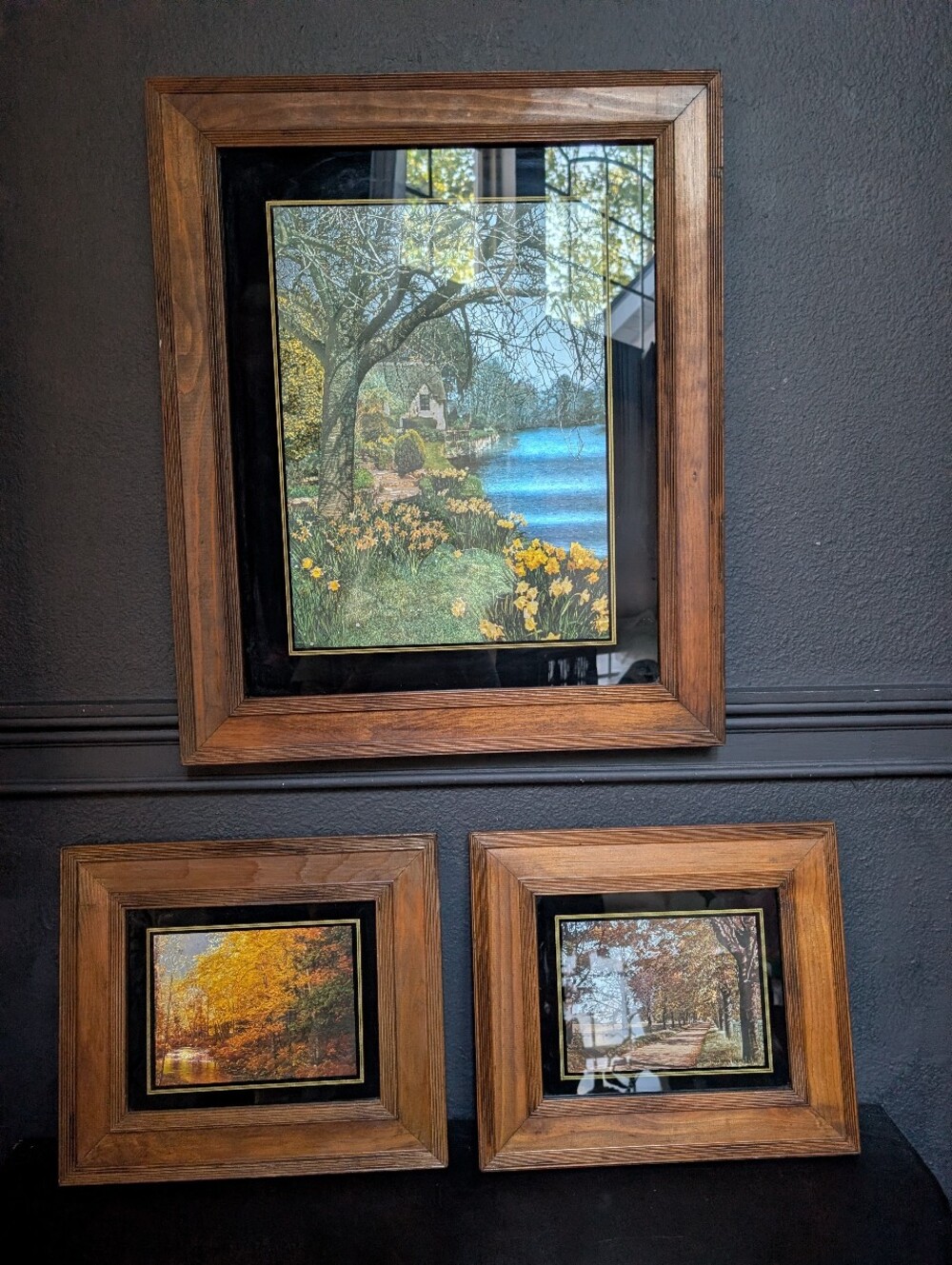 Vintage, Set of 3, MCM 1970s Ryan Creations Stained Wood Foil in Glass Art Fall